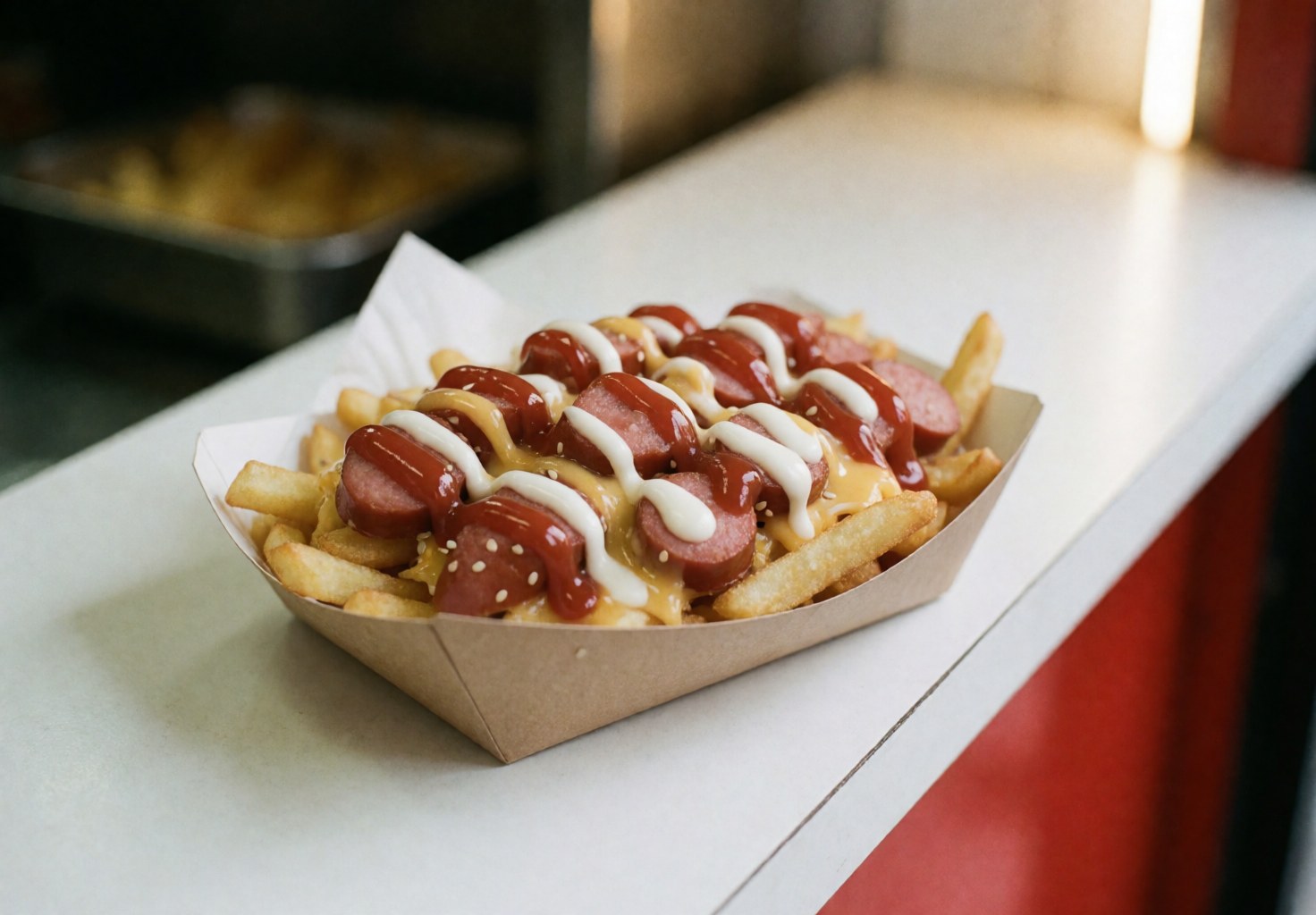 Peruvian salchipapa served on paper with french fries, sausages, ketchup, mayonnaise, and yellow sauce on a white table