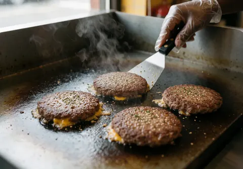 Cheeseburgers sizzling on a flat top grill with steam rising while a gloved hand presses down on one patty