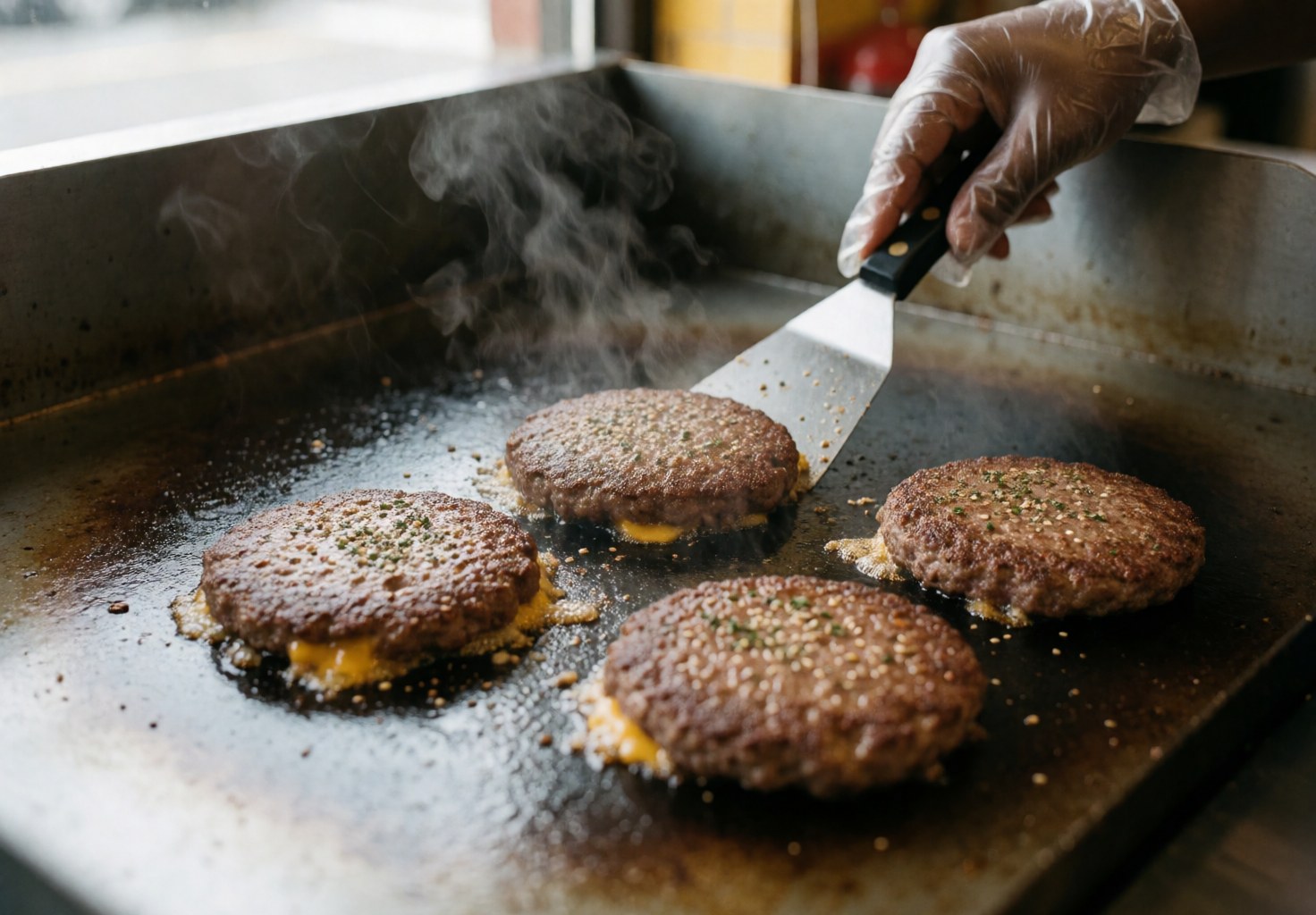 Cheeseburgers sizzling on a flat top grill with steam rising while a gloved hand presses down on one patty