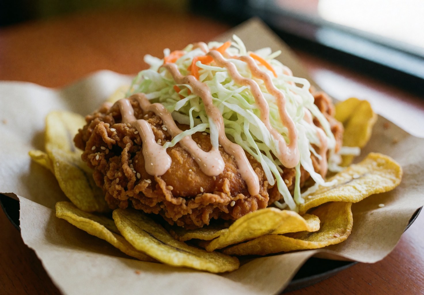 Crispy fried chicken served with fried plantain slices and coleslaw on black paper over a dark plate