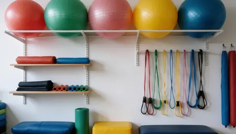 Shelf holding exercise balls, elastic bands, and mats in a professional setting