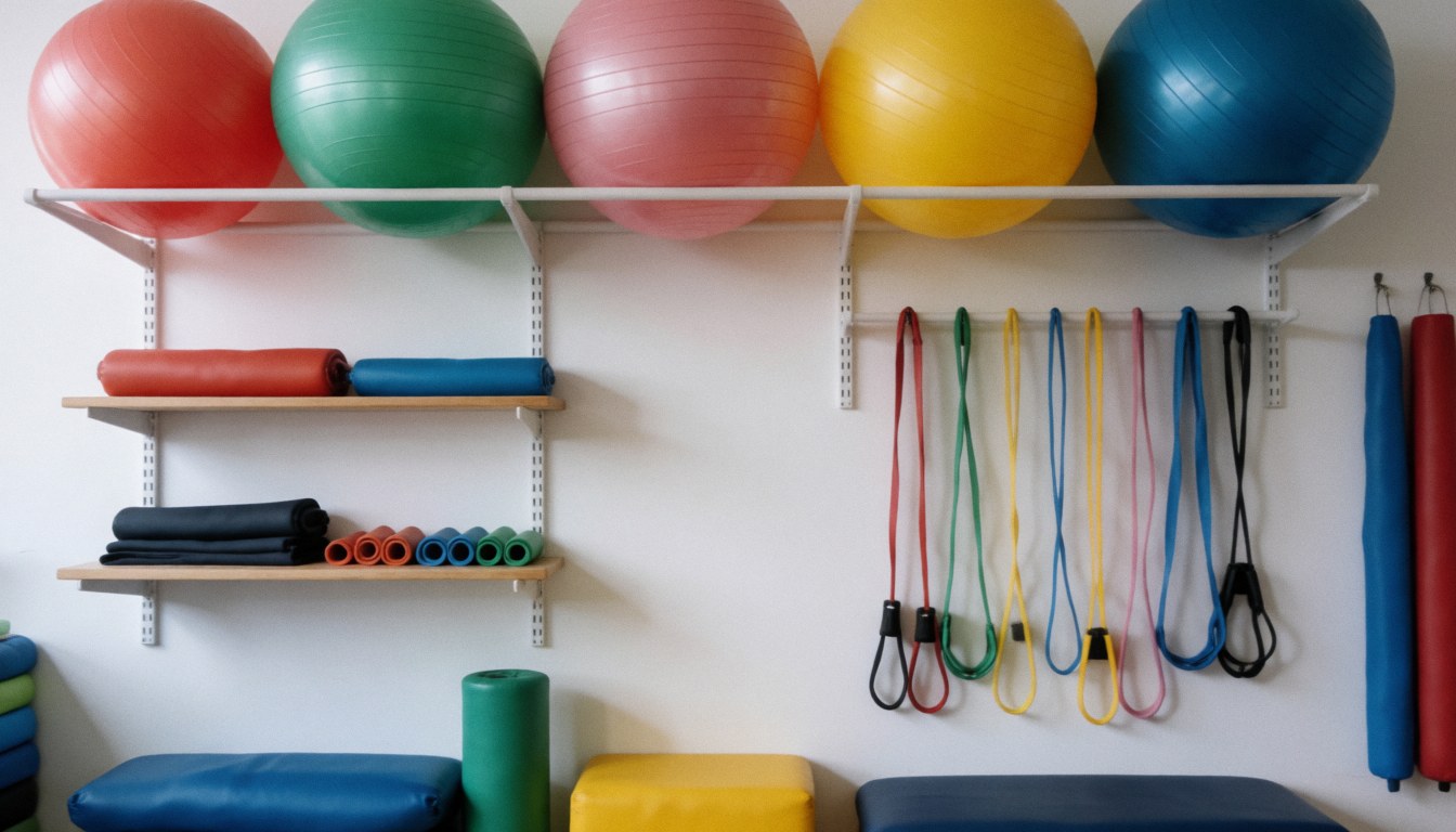 Shelf holding exercise balls, elastic bands, and mats in a professional setting