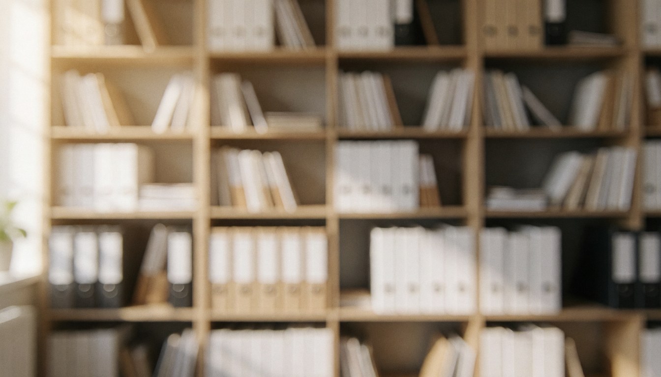 Wooden office shelf holding folders and papers with a blurred background suitable for professional text overlays