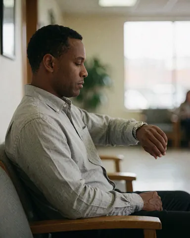 A businessman waits calmly in a waiting room, checking his watch under soft natural light.