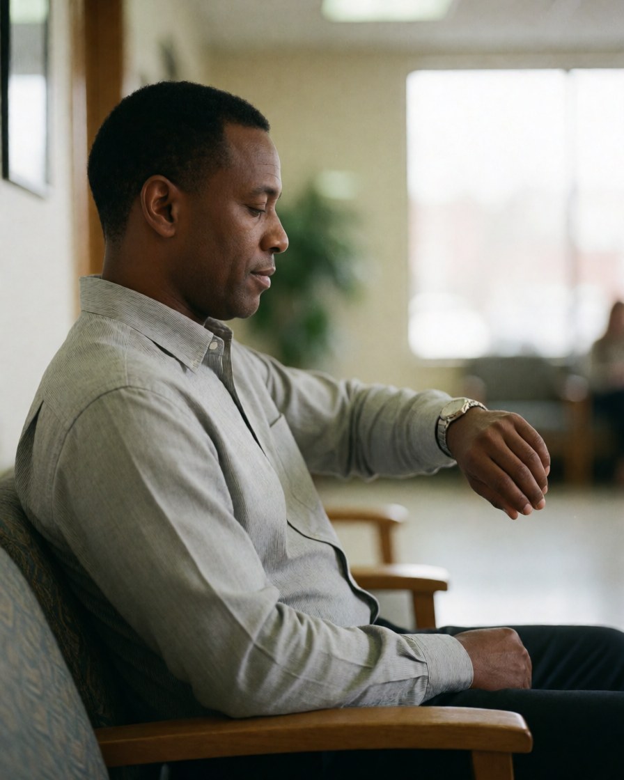 A businessman waits calmly in a waiting room, checking his watch under soft natural light.