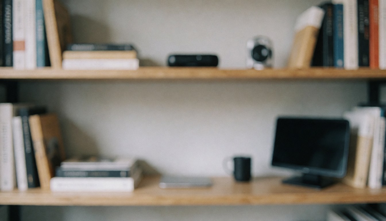 Wooden bookshelf holding books, a laptop, a smartphone, and tech gadgets against a soft blurred background suitable for text overlay