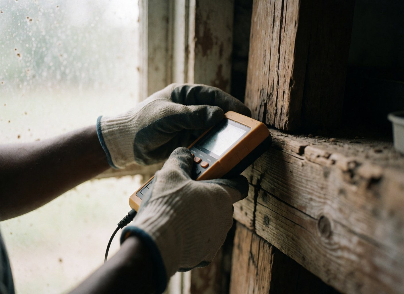 Close-up of a gloved hand using a moisture meter on wood, highlighting texture and field inspection details