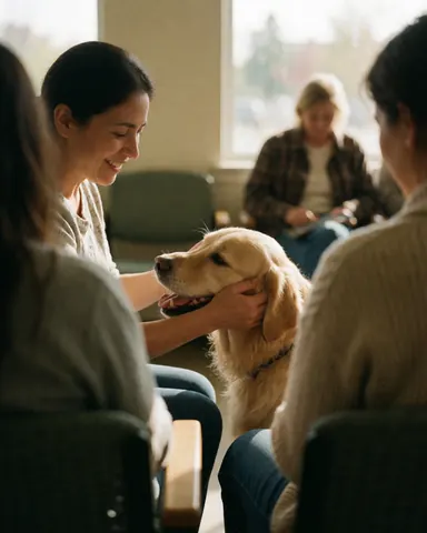 A smiling woman gently pets her golden retriever in a bright waiting room with other people in the background