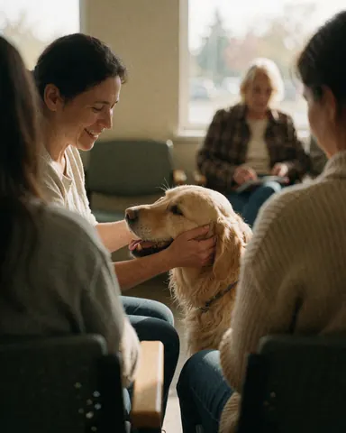 A smiling woman gently pets her golden retriever in a bright waiting room with other people in the background