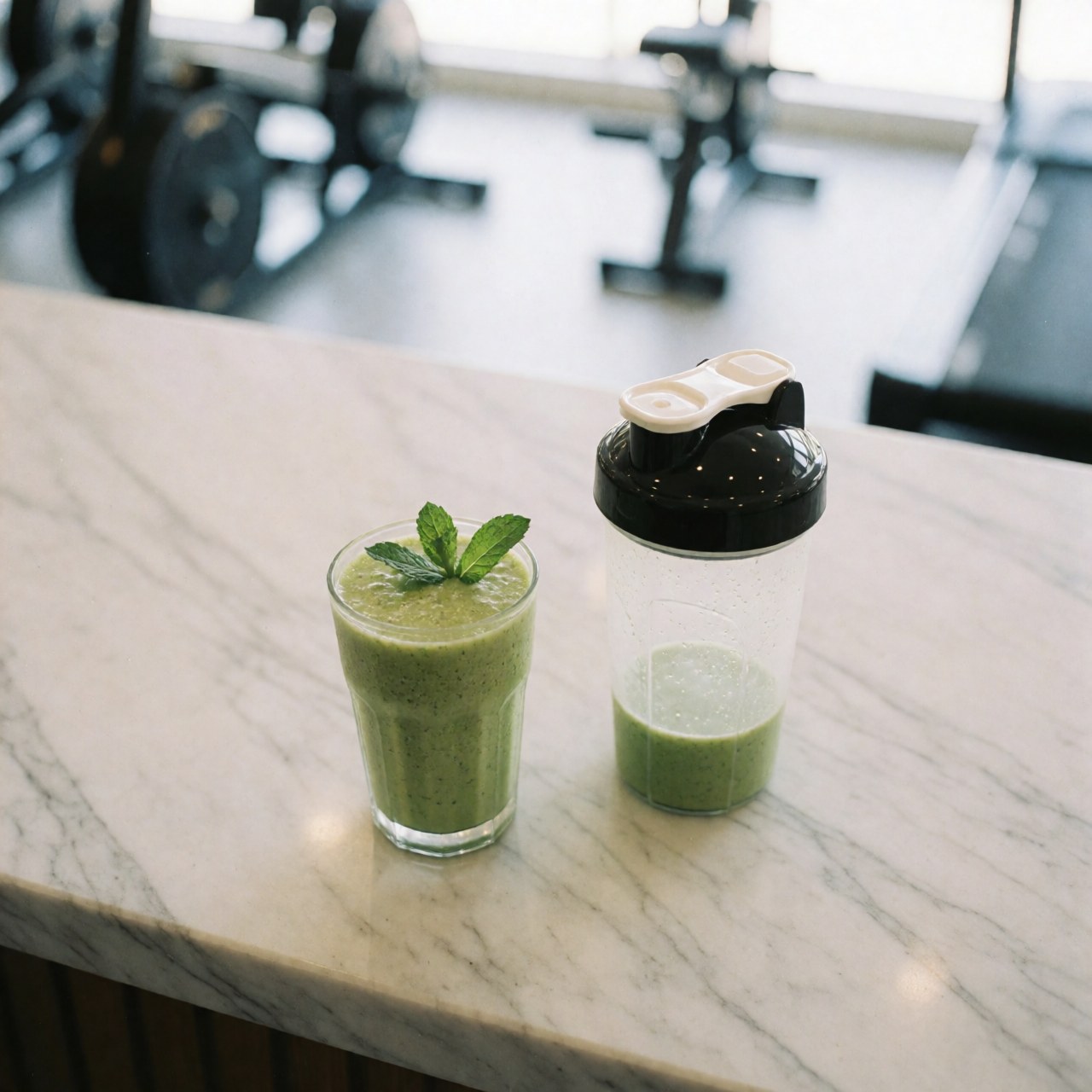 Green mint smoothie in a glass and shaker on a marble counter with blurred gym equipment in the background
