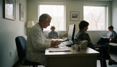 A doctor in a white coat works at a desk with a computer while patients wait in the background of a calm clinic.