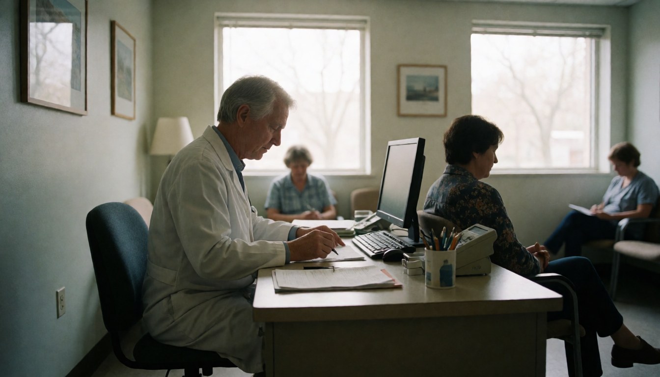 A doctor in a white coat works at a desk with a computer while patients wait in the background of a calm clinic.