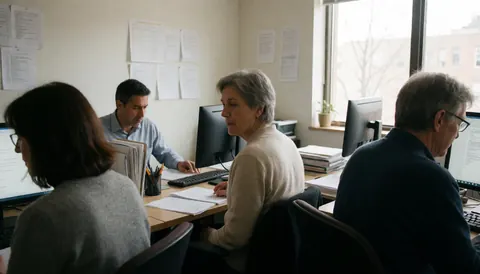 Four accounting professionals working on computers in an office with documents on the walls