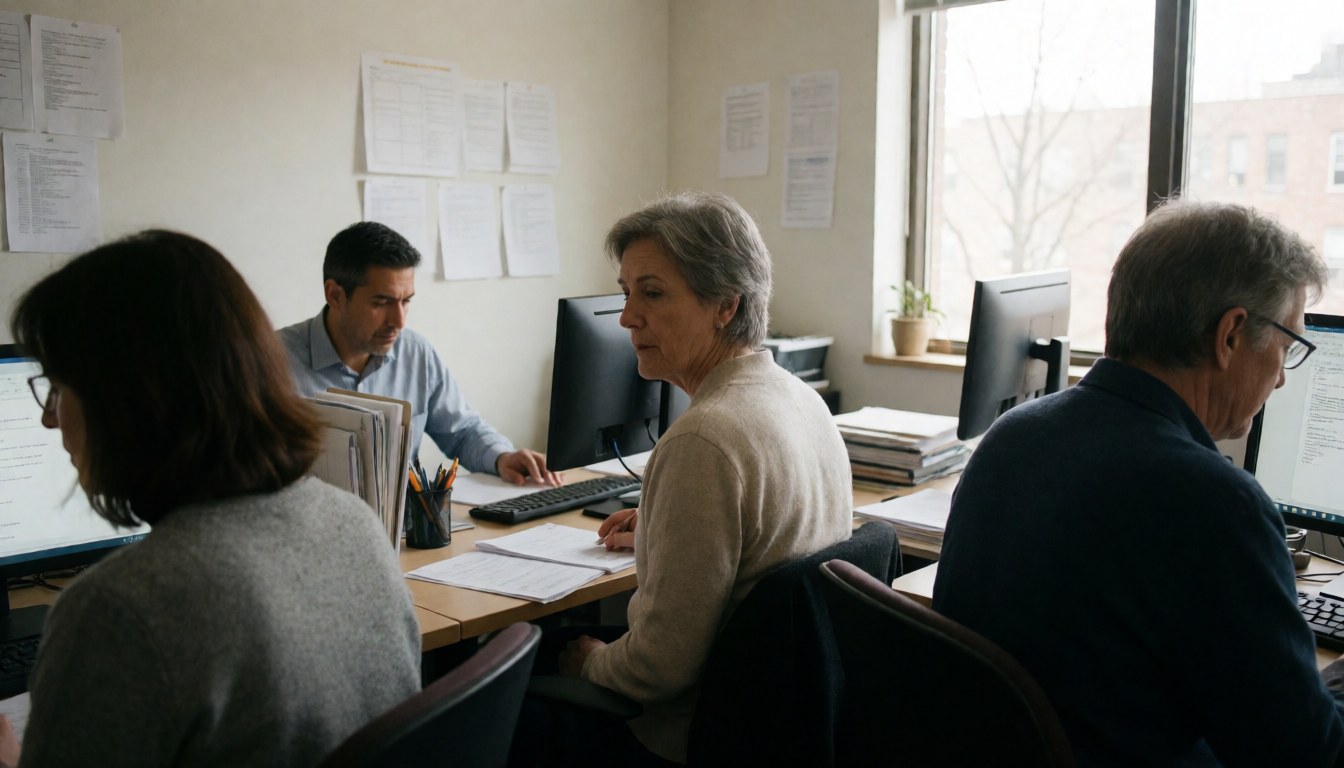 Four accounting professionals working on computers in an office with documents on the walls