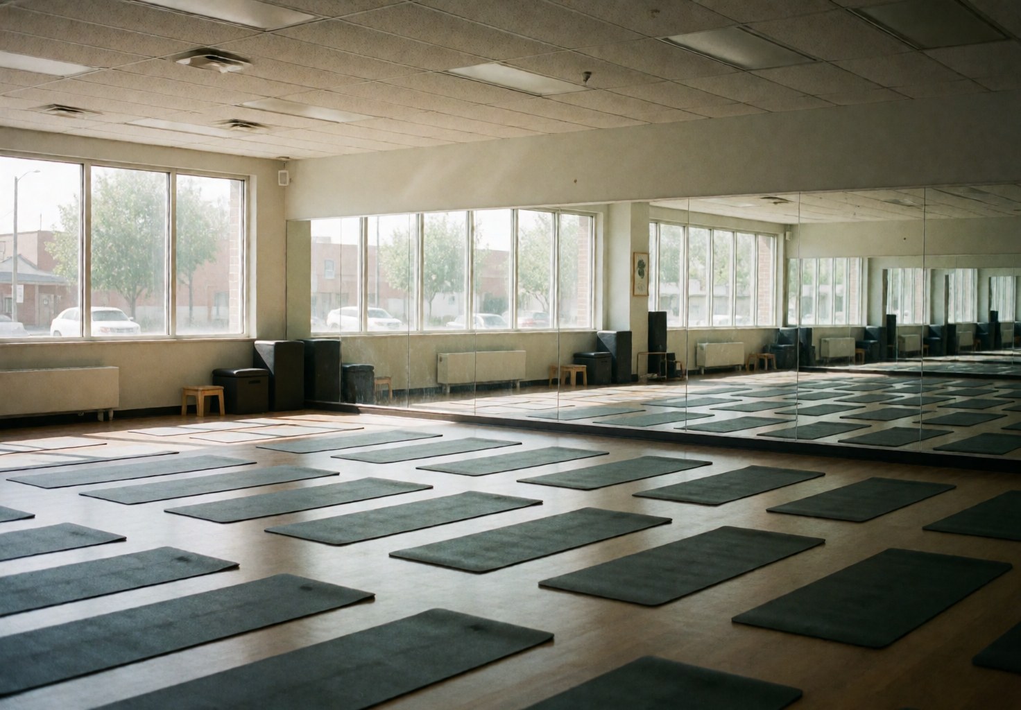 Empty yoga studio interior featuring neatly folded blankets, mirrors, and windows with natural light creating a calm atmosphere
