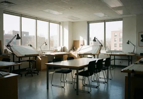 Empty architecture office featuring drawing tables, chairs, and large windows letting in morning sunlight