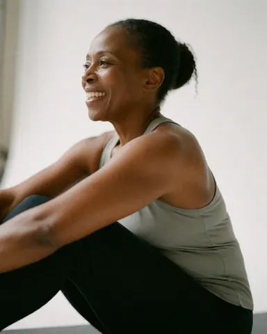 A smiling dark-skinned woman sits in a relaxed yoga pose wearing athletic wear with her hair tied back in a bright, calm setting.