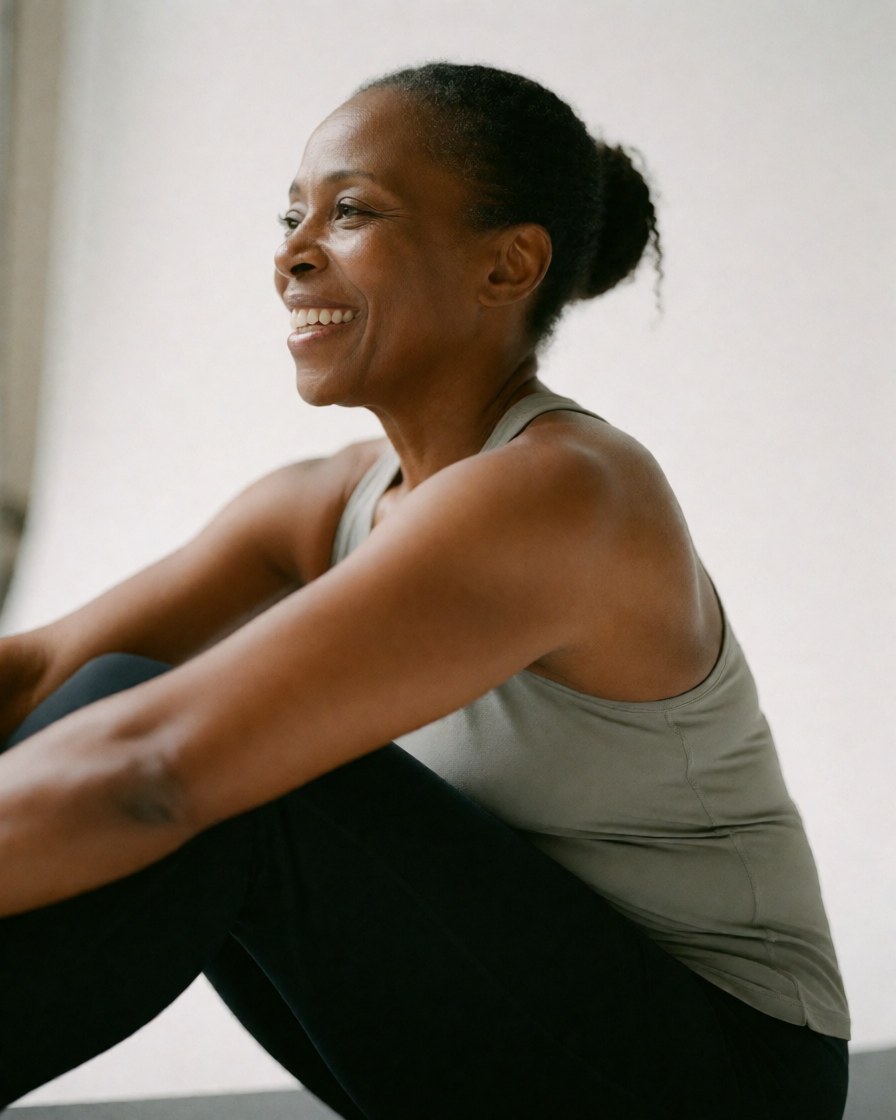 A smiling dark-skinned woman sits in a relaxed yoga pose wearing athletic wear with her hair tied back in a bright, calm setting.