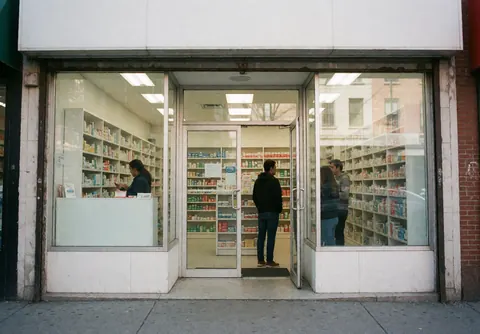 Clean pharmacy facade showing customers walking in and a display case with products in an urban setting