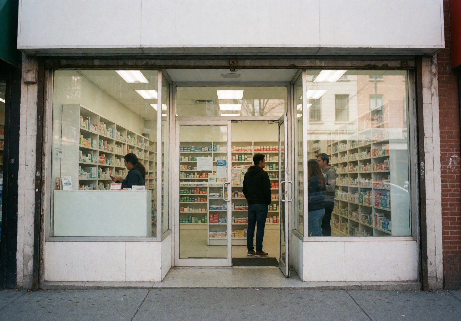 Clean pharmacy facade showing customers walking in and a display case with products in an urban setting