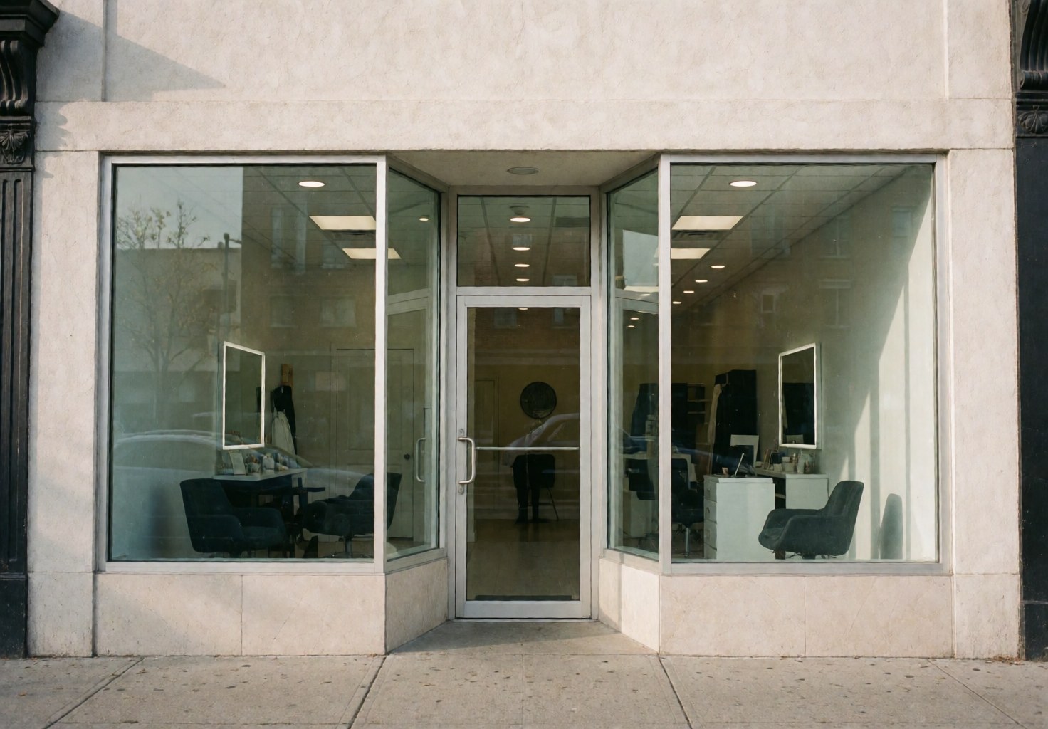 Exterior view of a modern dog grooming salon featuring glass windows, a main entrance, and visible interior chairs in a clean professional setting