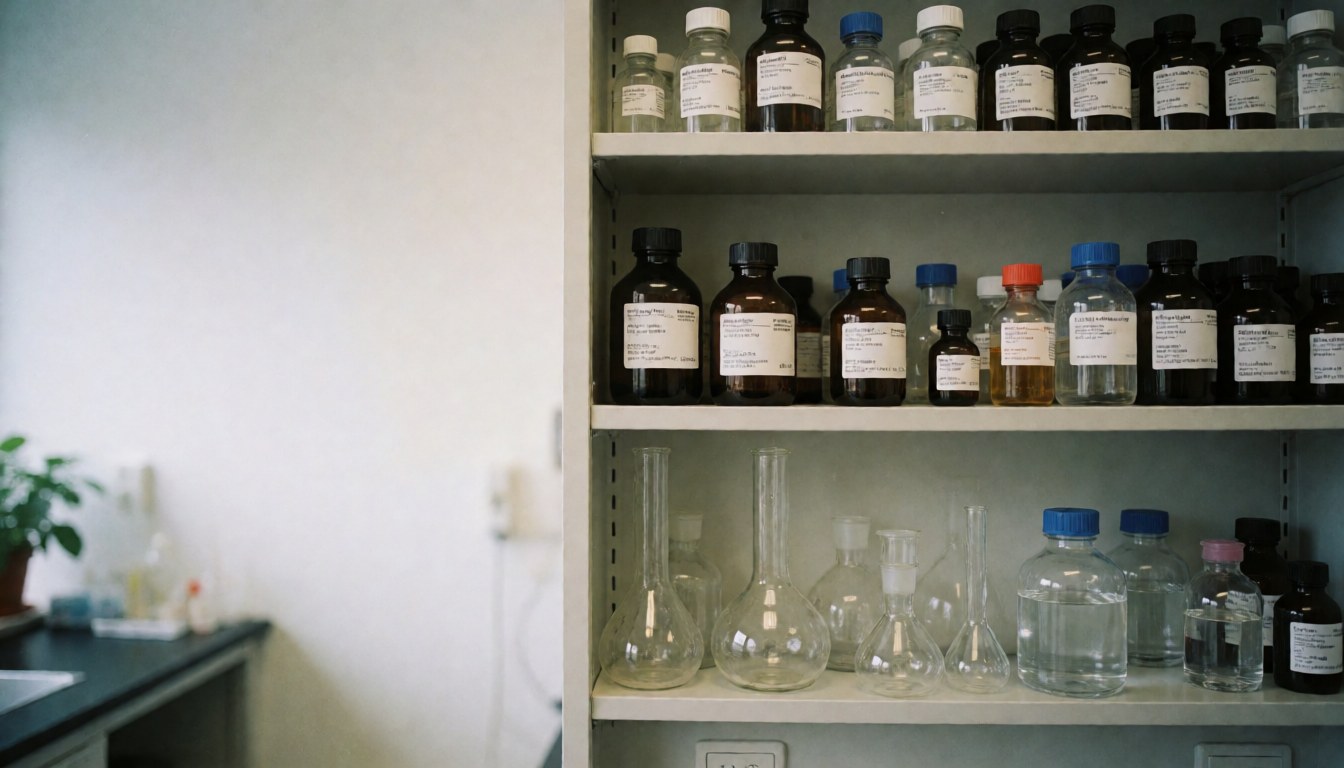 Reagent bottles and lab glassware on a shelf with a soft blurred background for medical text