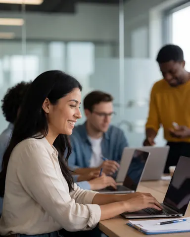 A smiling woman works on her laptop in a modern office with colleagues in the background, showing a productive and collaborative environment.