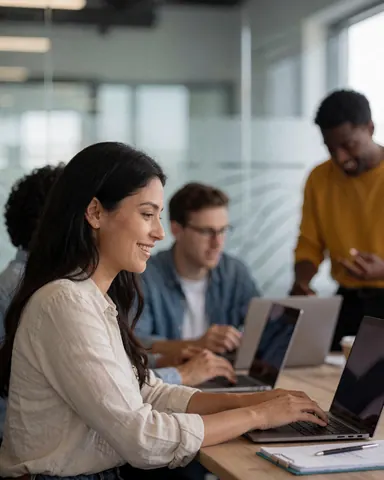 A smiling woman works on her laptop in a modern office with colleagues in the background, showing a productive and collaborative environment.