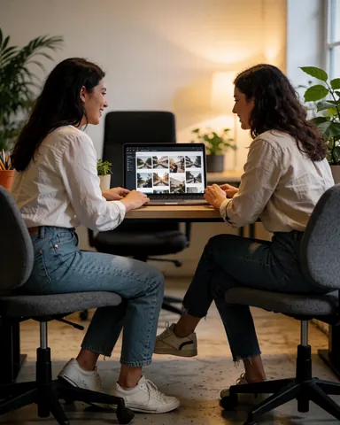 Two female photographers in a modern office review images on a laptop, surrounded by plants and warm light while working together.