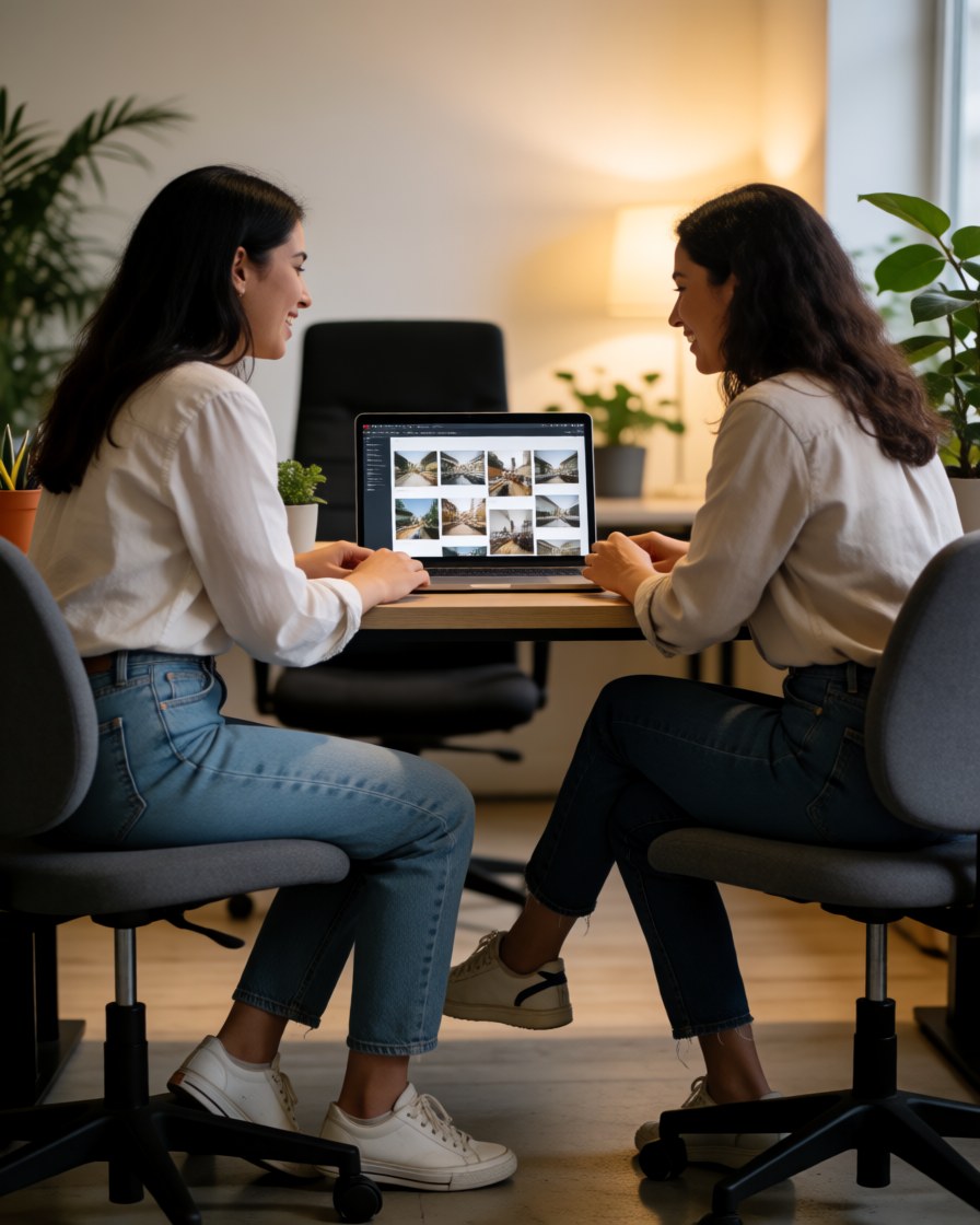 Two female photographers in a modern office review images on a laptop, surrounded by plants and warm light while working together.