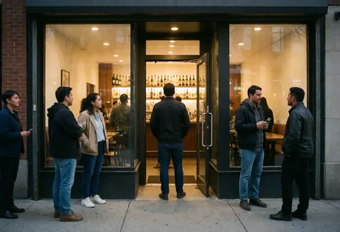 People waiting outside a bar with warm lighting, large windows, and visible bottles inside, creating a cozy atmosphere.