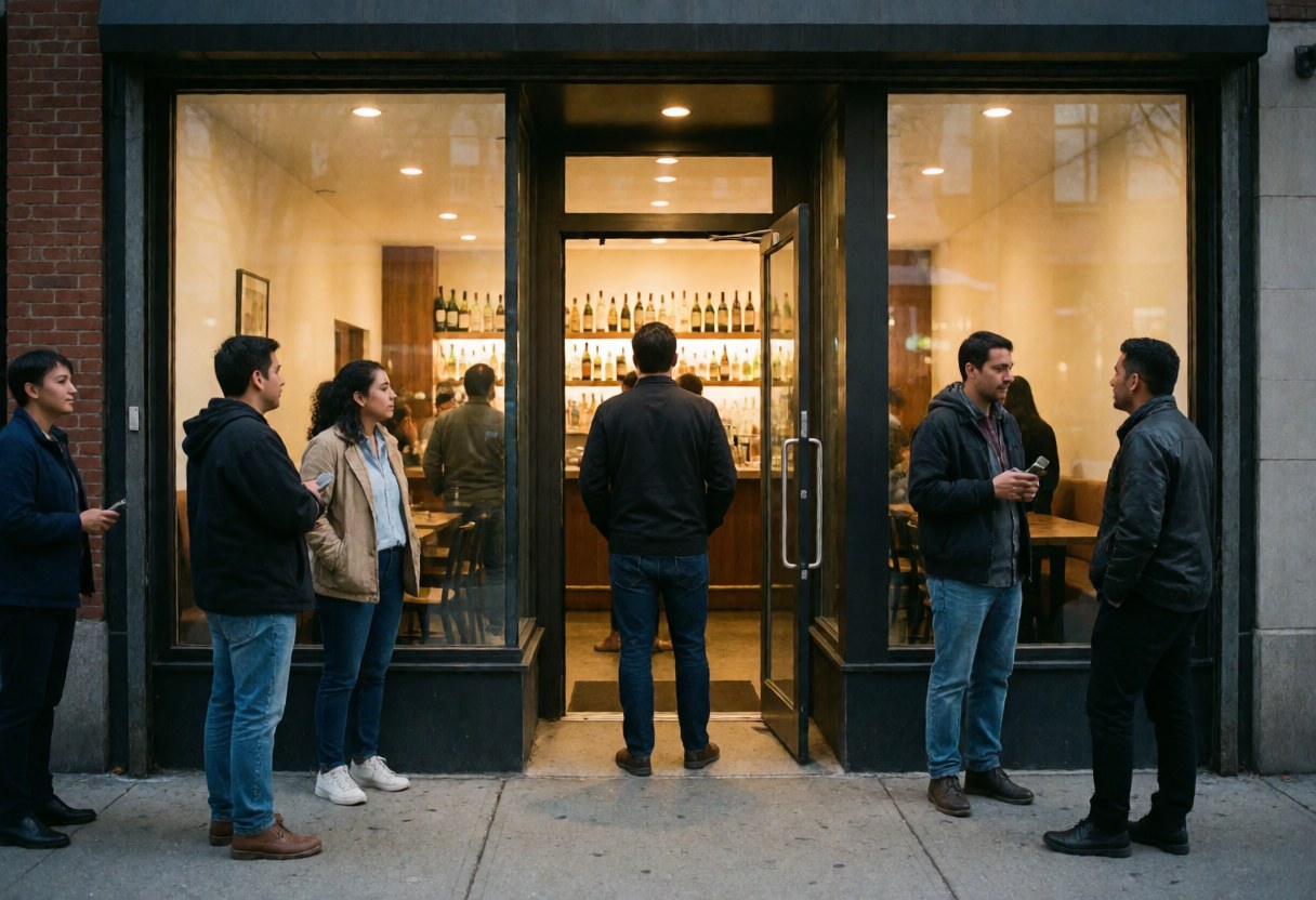 People waiting outside a bar with warm lighting, large windows, and visible bottles inside, creating a cozy atmosphere.
