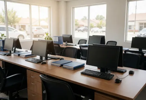 Empty driving school office with desks, computers, and driving manuals ready for students. Large windows with natural light. Professional and tidy atmosphere.