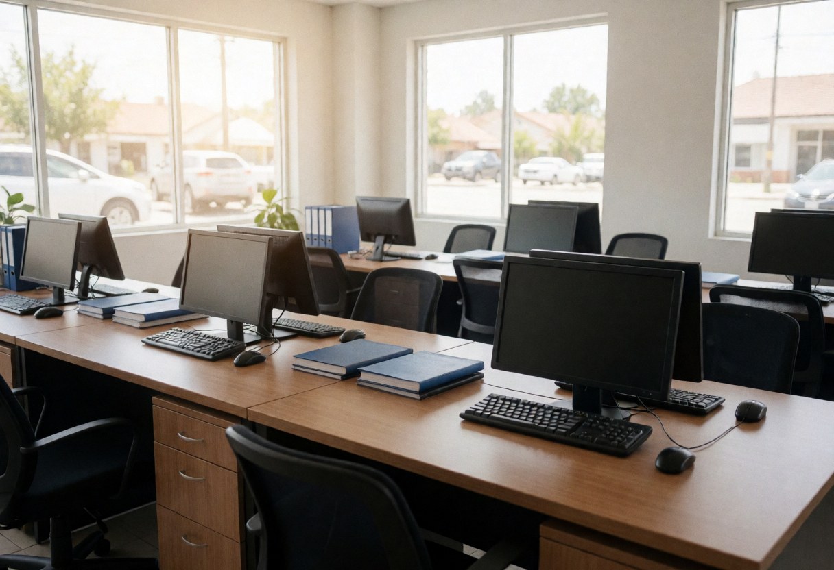 Empty driving school office with desks, computers, and driving manuals ready for students. Large windows with natural light. Professional and tidy atmosphere.