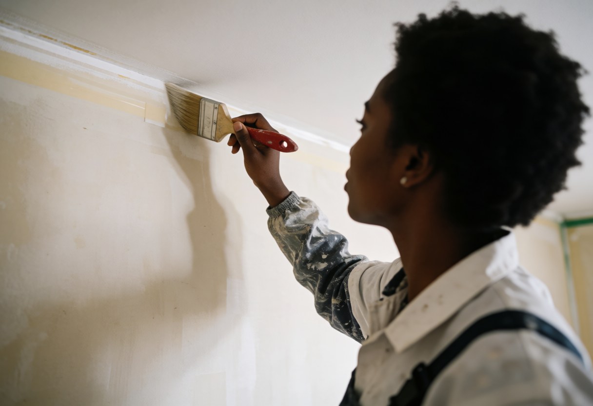 A professional female painter uses a brush to apply paint to a wall, demonstrating precision and technique in her interior painting work.