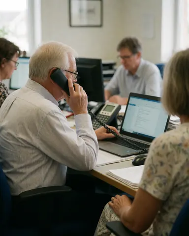 An older man speaking on the phone while working on his laptop in an office with other employees working around him