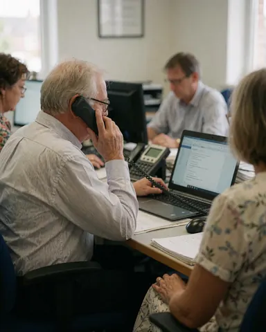 An older man speaking on the phone while working on his laptop in an office with other employees working around him