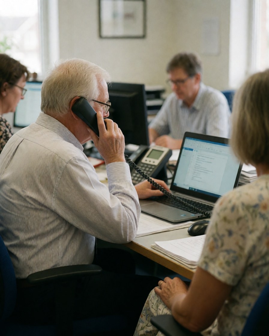 An older man speaking on the phone while working on his laptop in an office with other employees working around him