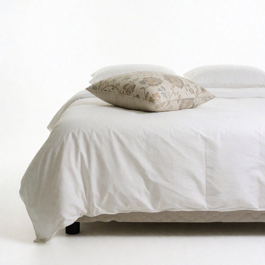 Close-up view of a hotel bed featuring crisp white sheets and a single floral patterned decorative pillow for hospitality marketing.