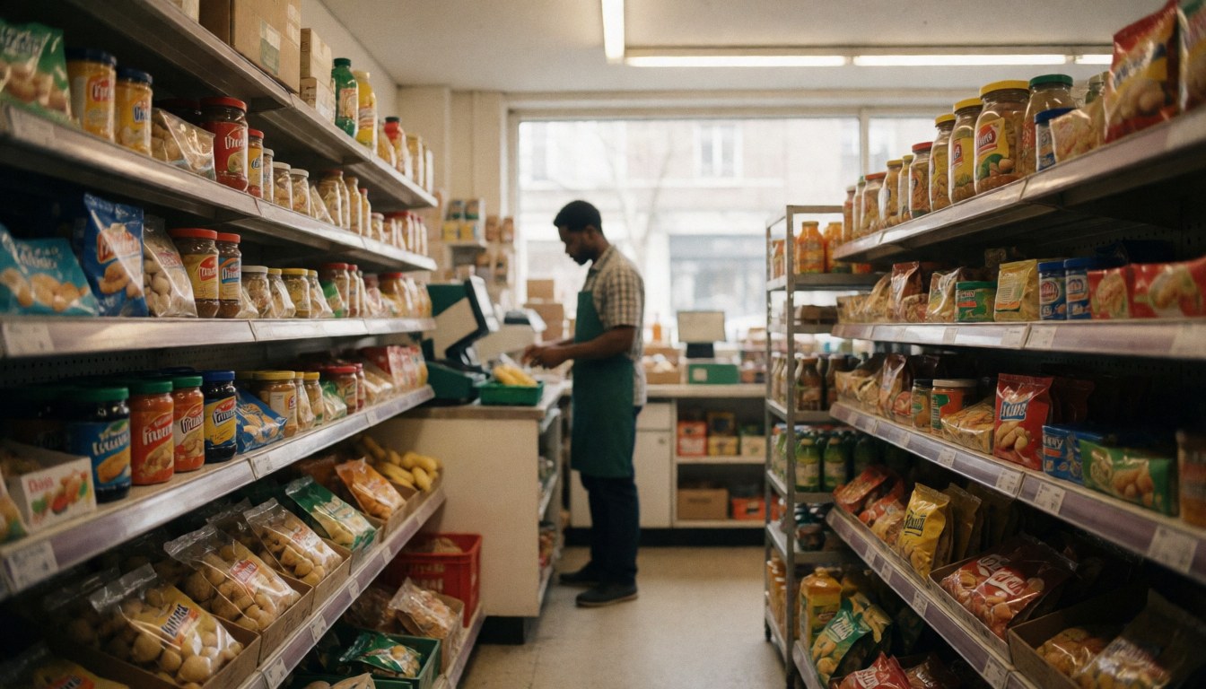 Interior of a well-stocked minimarket with shelves full of products, an employee serving at the register, and natural light coming through a window