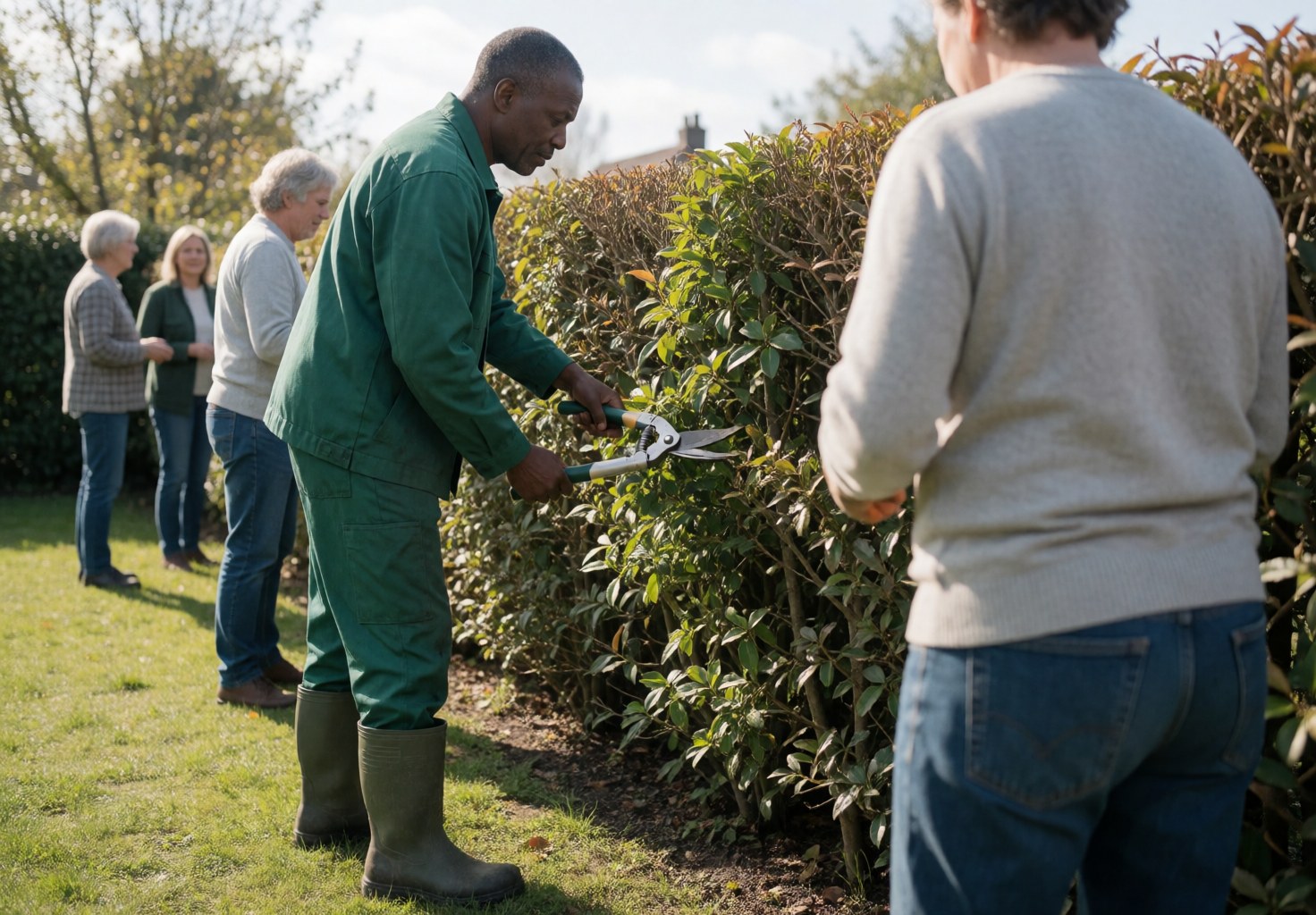 A landscaper in green uniform trims a hedge with professional shears while others watch outdoors.