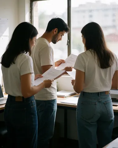 Three professionals review documents in a sunlit office, focused on collaborative work.