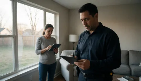A security professional reviews a tablet in a living room while a woman stands near a window with natural light in the background
