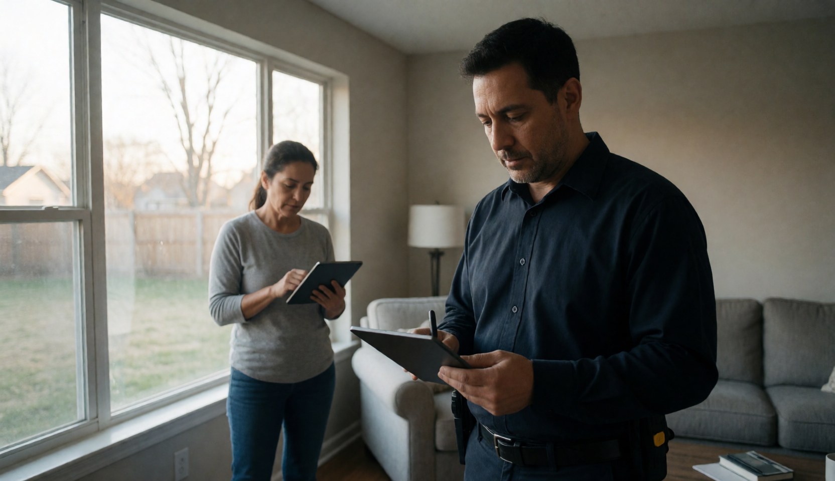 A security professional reviews a tablet in a living room while a woman stands near a window with natural light in the background
