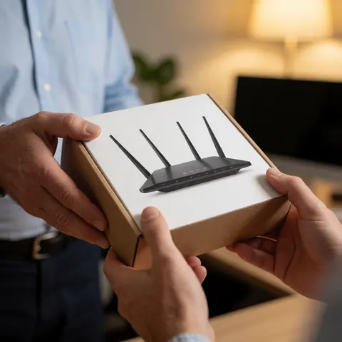 A technician hands a new boxed router to a client in a tidy office with warm lighting.