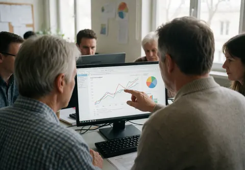 A team of professionals reviewing performance charts on a computer screen in a bright office with natural light