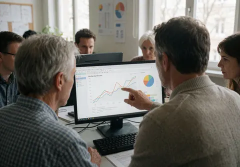 A team of professionals reviewing performance charts on a computer screen in a bright office with natural light