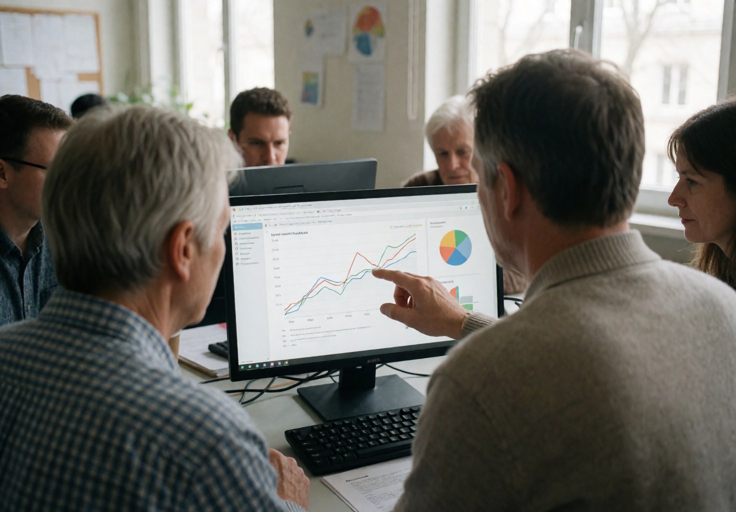A team of professionals reviewing performance charts on a computer screen in a bright office with natural light