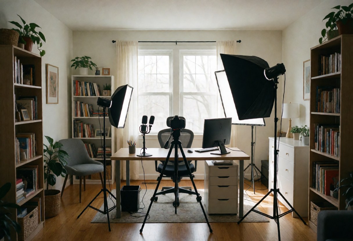 Clean home office setup with desk, camera, lights, microphone, and bookshelves for online education