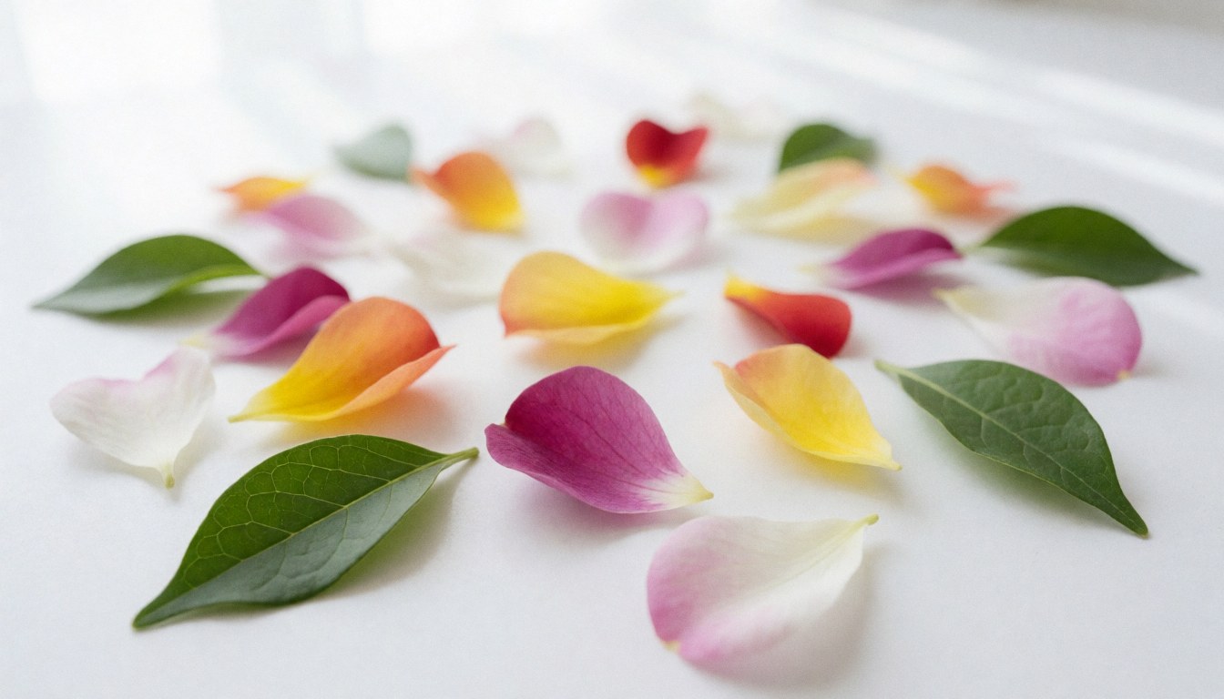Colorful flower petals and green leaves on a white surface, ideal for text backgrounds and editorial design